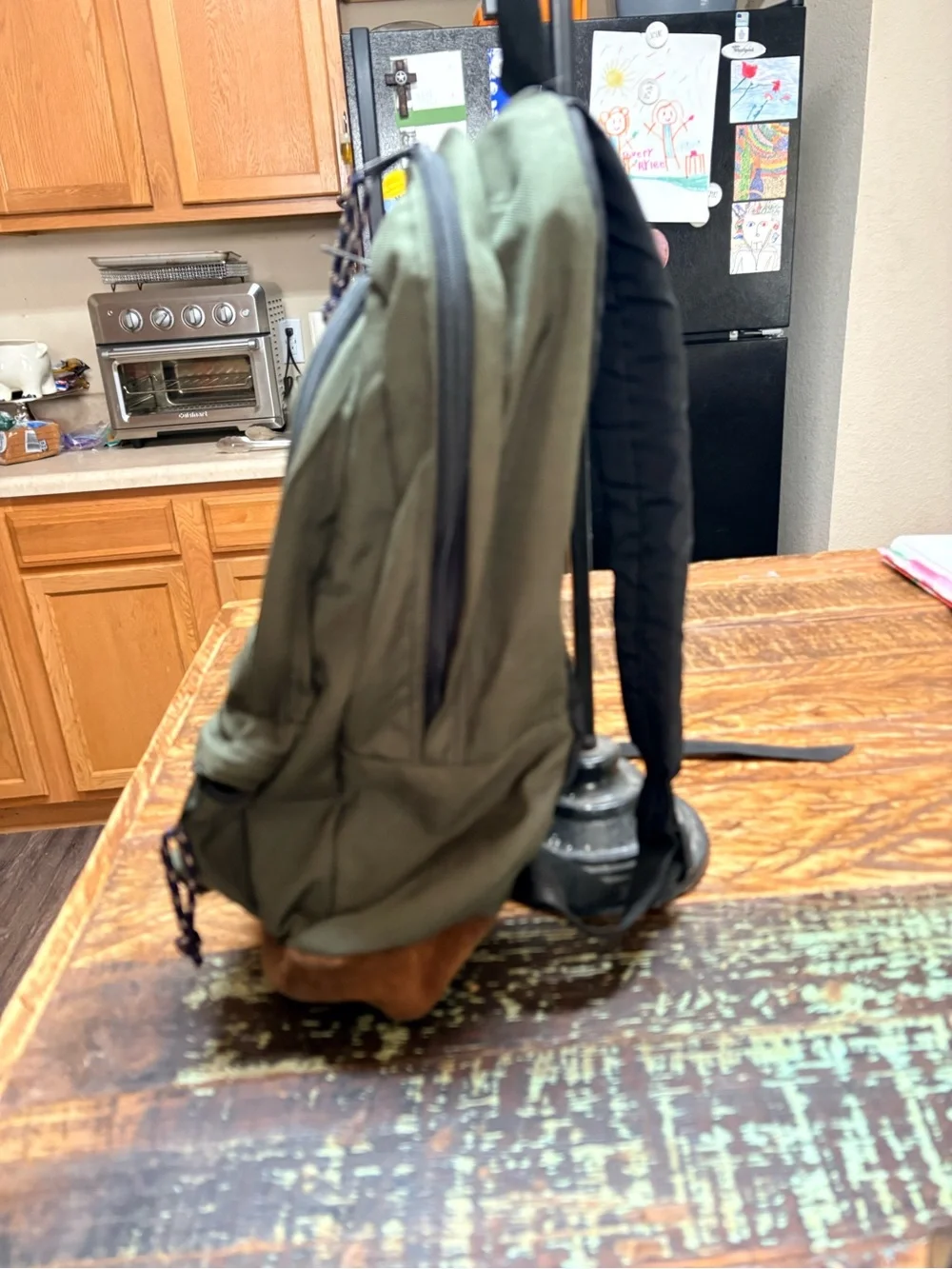 90’s Jansport Olive Green Canvas Backpack w/Brown Suede Base Large